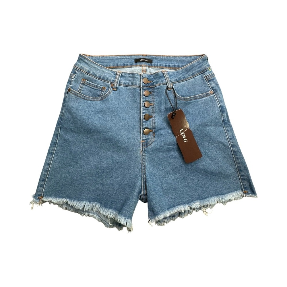 Ling Denim Shorts Womens 15 Blue High Waisted Button Fly‎ Raw Hem S002-M Stretch